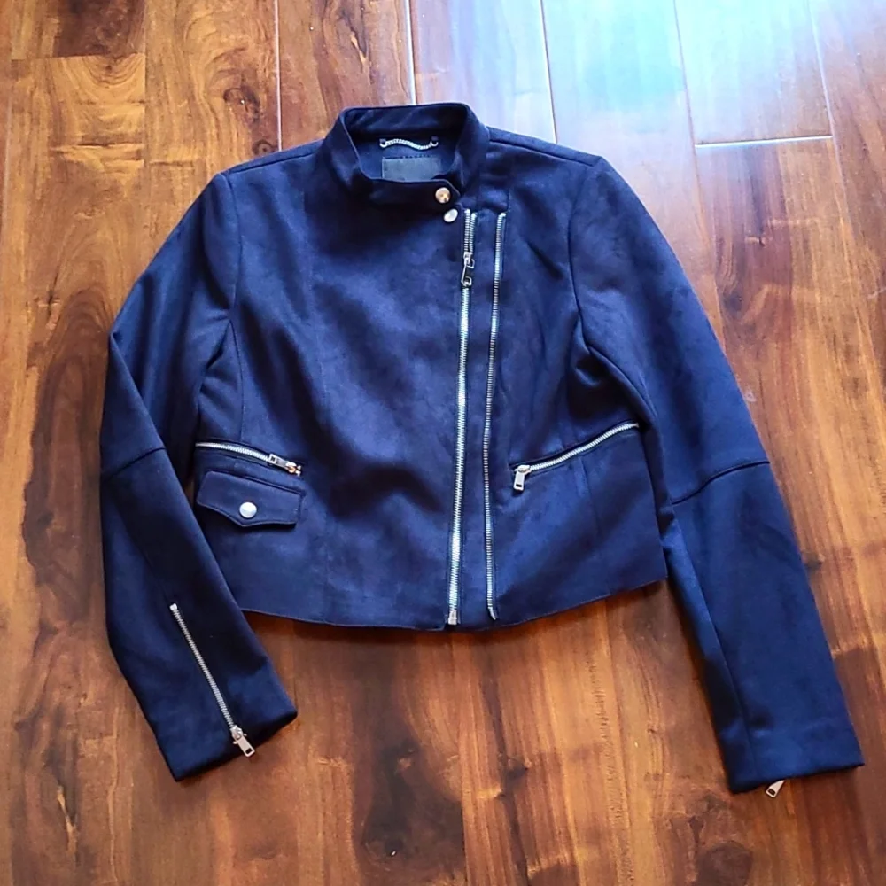 🎉Host Pick🎉 Banana Republic Navy Blue Vegan Suede Biker Jacket - Picture 3 of 10